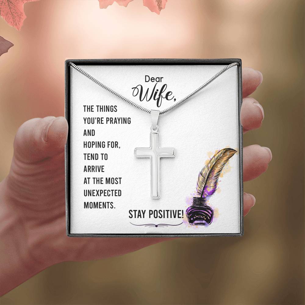 To My Wife Stay Positive Cross Card Necklace w Stainless Steel Pendant-Express Your Love Gifts
