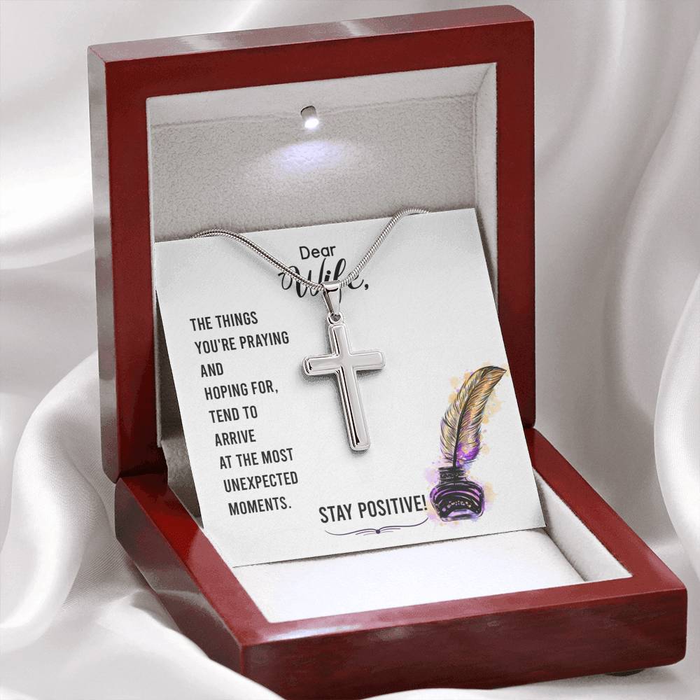 To My Wife Stay Positive Cross Card Necklace w Stainless Steel Pendant-Express Your Love Gifts