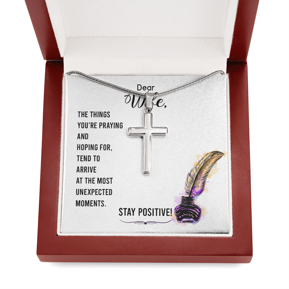 To My Wife Stay Positive Cross Card Necklace w Stainless Steel Pendant-Express Your Love Gifts