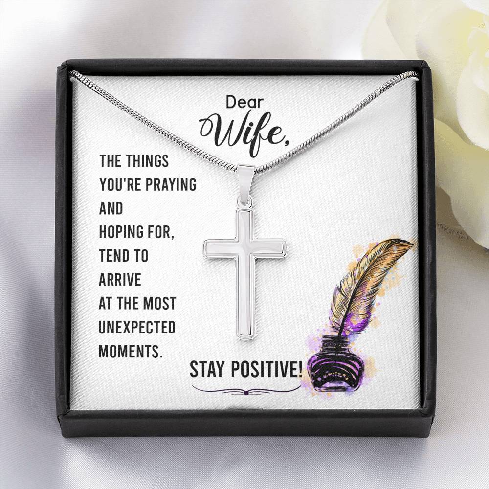To My Wife Stay Positive Cross Card Necklace w Stainless Steel Pendant-Express Your Love Gifts