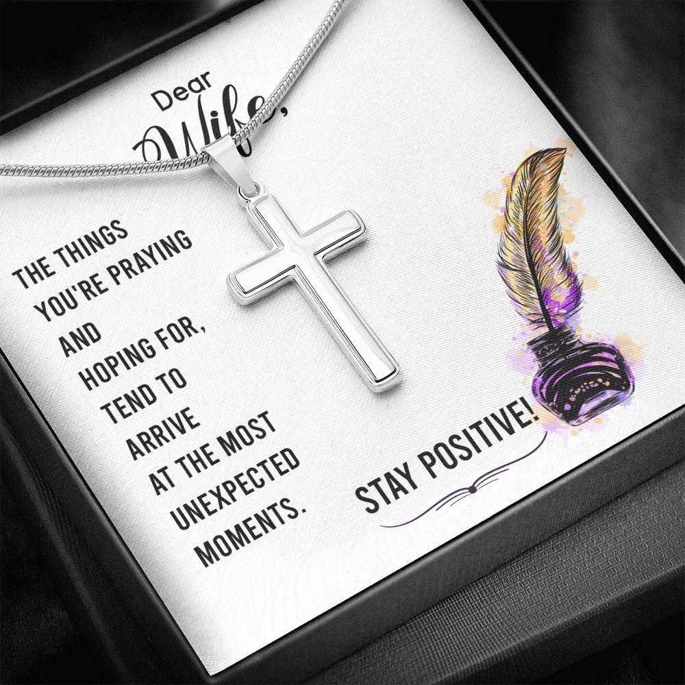 To My Wife Stay Positive Cross Card Necklace w Stainless Steel Pendant-Express Your Love Gifts