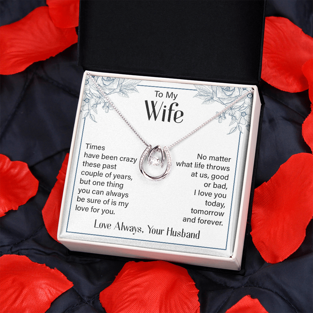 To My Wife Tomorrow and Forever Lucky Horseshoe Necklace Message Card 14k w CZ Crystals-Express Your Love Gifts