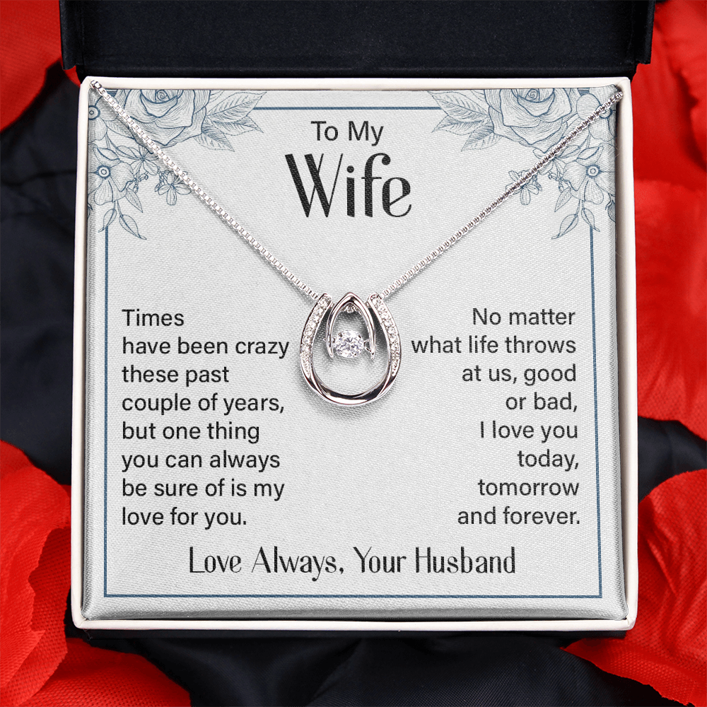 To My Wife Tomorrow and Forever Lucky Horseshoe Necklace Message Card 14k w CZ Crystals-Express Your Love Gifts