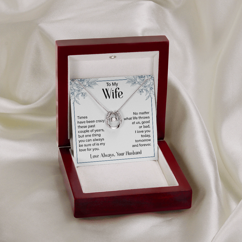 To My Wife Tomorrow and Forever Lucky Horseshoe Necklace Message Card 14k w CZ Crystals-Express Your Love Gifts