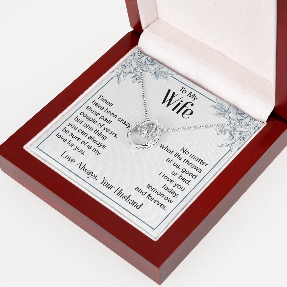 To My Wife Tomorrow and Forever Lucky Horseshoe Necklace Message Card 14k w CZ Crystals-Express Your Love Gifts