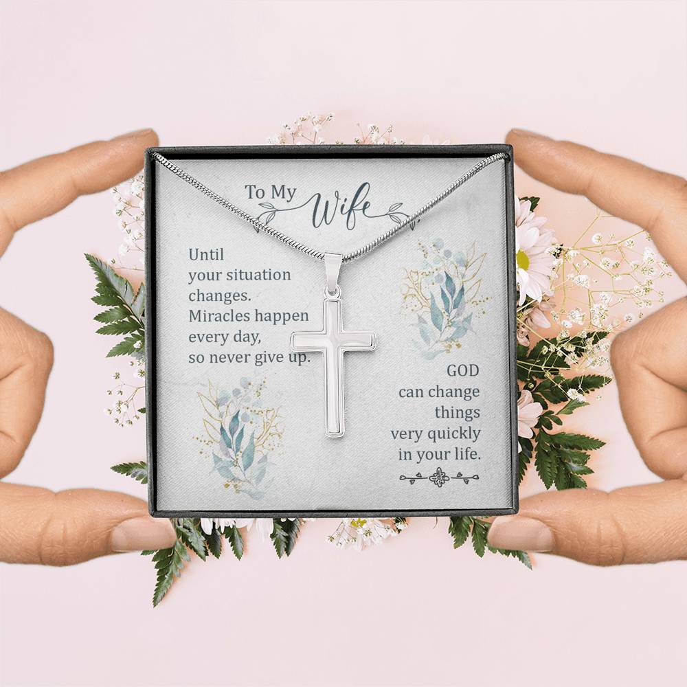 To My Wife Until Your Situation Change Cross Card Necklace w Stainless Steel Pendant-Express Your Love Gifts