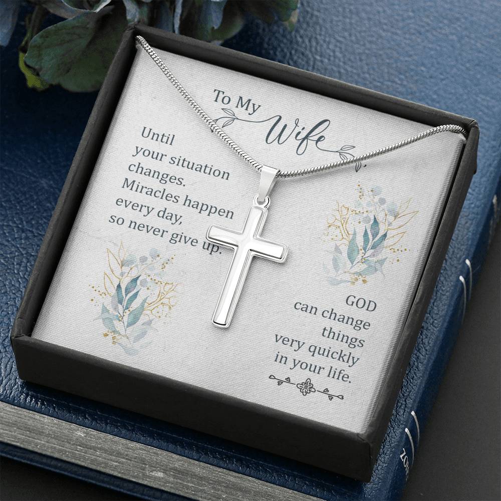 To My Wife Until Your Situation Change Cross Card Necklace w Stainless Steel Pendant-Express Your Love Gifts