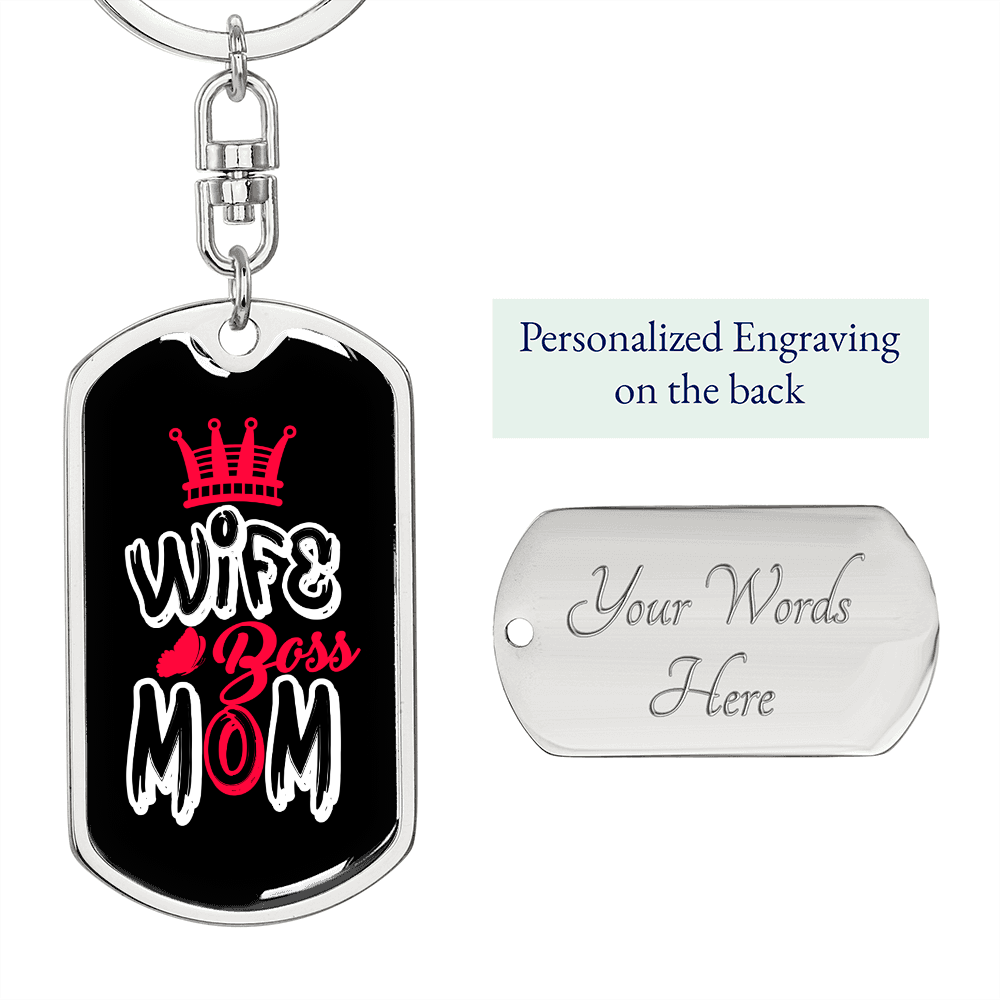 To My Wife Wife Boss Mom Red and Black Keychain Stainless Steel or 18k Gold Dog Tag Keyring-Express Your Love Gifts