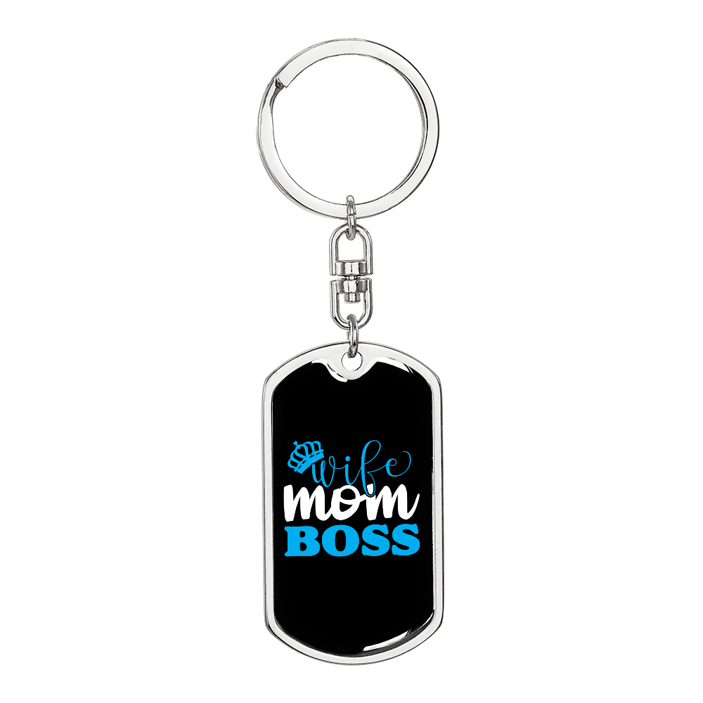 To My Wife Wife Mom Boss Blue Keychain Stainless Steel or 18k Gold Dog Tag Keyring-Express Your Love Gifts