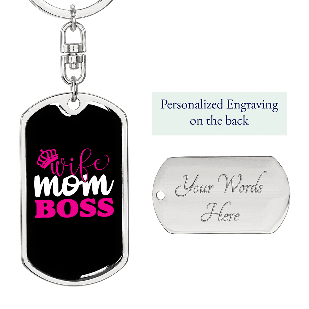 To My Wife Wife Mom Boss Pink Keychain Stainless Steel or 18k Gold Dog Tag Keyring-Express Your Love Gifts