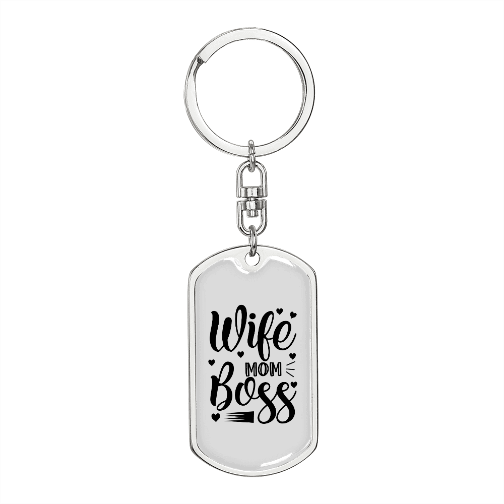 To My Wife Wife Mom Boss White Keychain Stainless Steel or 18k Gold Dog Tag Keyring-Express Your Love Gifts
