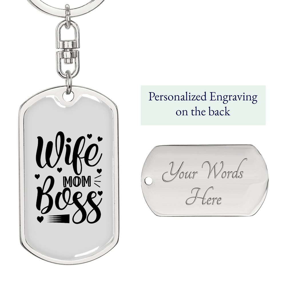 To My Wife Wife Mom Boss White Keychain Stainless Steel or 18k Gold Dog Tag Keyring-Express Your Love Gifts