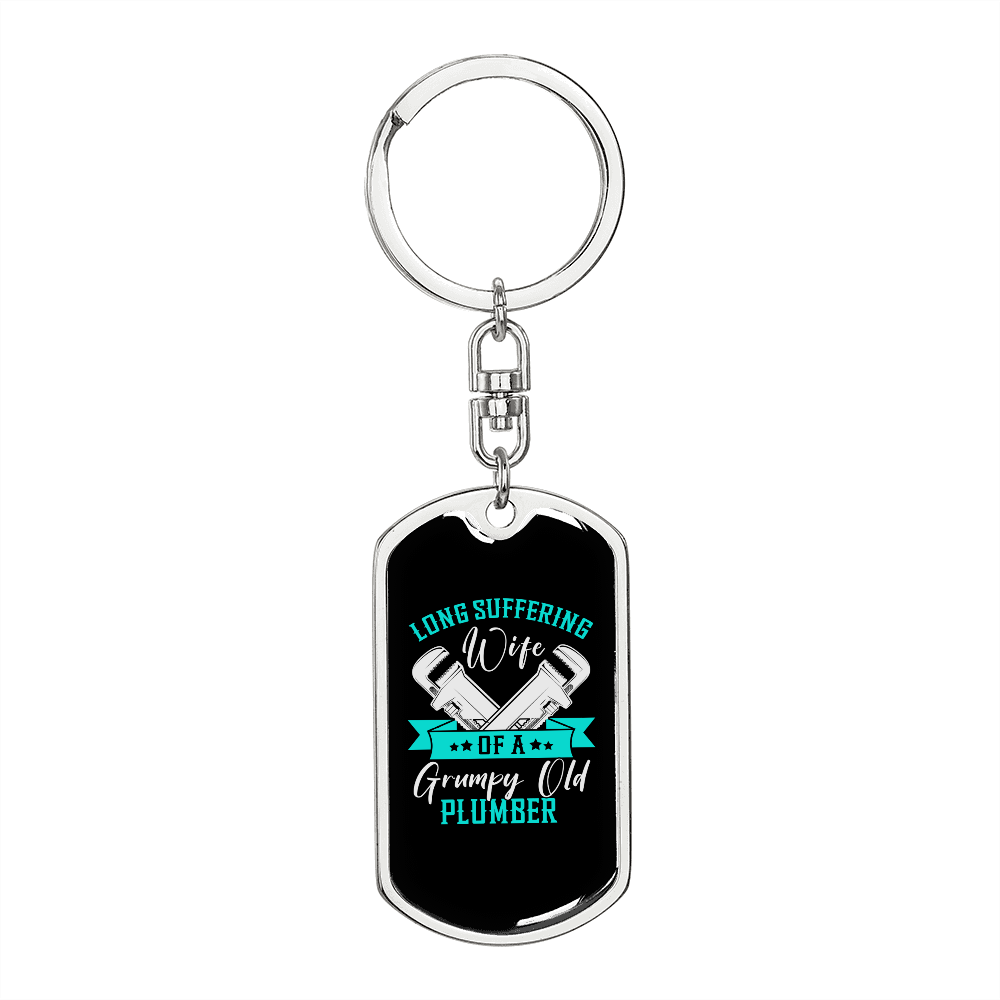 To My Wife Wife of a Grumpy Old Plumber Keychain Stainless Steel or 18k Gold Dog Tag Keyring-Express Your Love Gifts