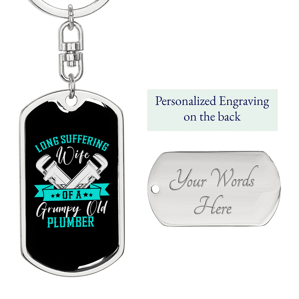 To My Wife Wife of a Grumpy Old Plumber Keychain Stainless Steel or 18k Gold Dog Tag Keyring-Express Your Love Gifts