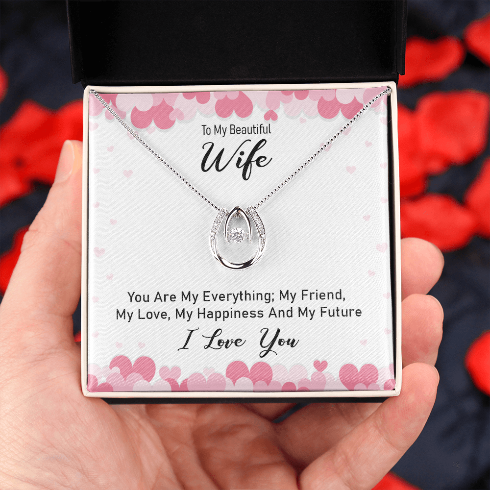 To My Wife You Are My Everything Lucky Horseshoe Necklace Message Card 14k w CZ Crystals-Express Your Love Gifts