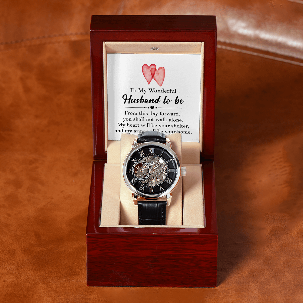 To My Wonderful Husband To Be Men's Openwork Watch With Message Card in Mahogany Box-Express Your Love Gifts