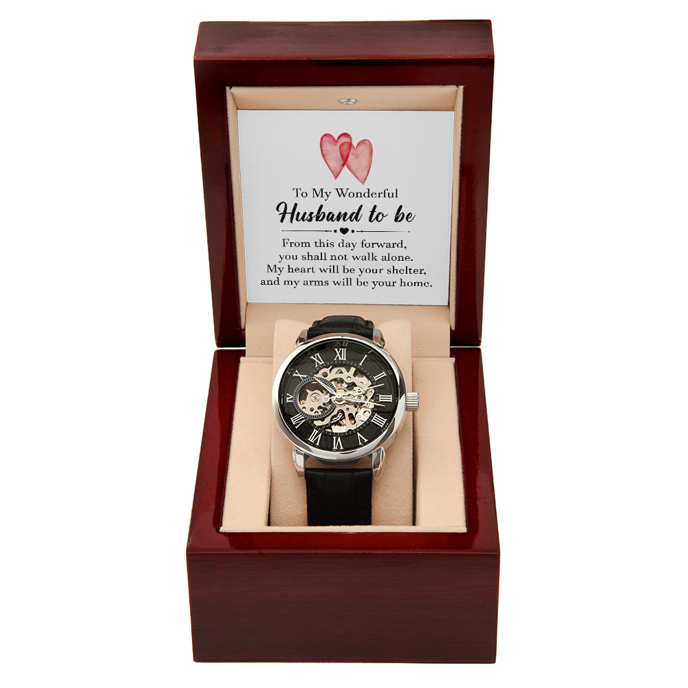 To My Wonderful Husband To Be Men's Openwork Watch With Message Card in Mahogany Box-Express Your Love Gifts