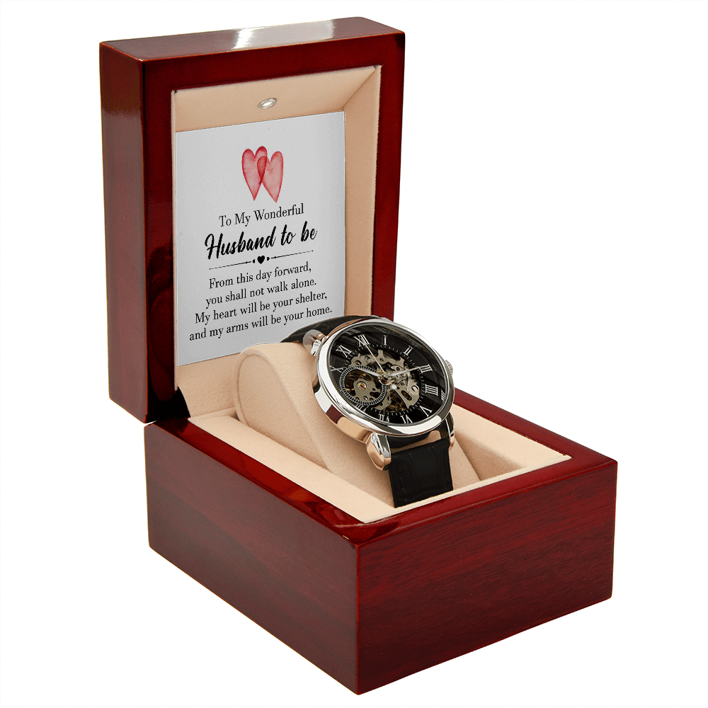 To My Wonderful Husband To Be Men's Openwork Watch With Message Card in Mahogany Box-Express Your Love Gifts
