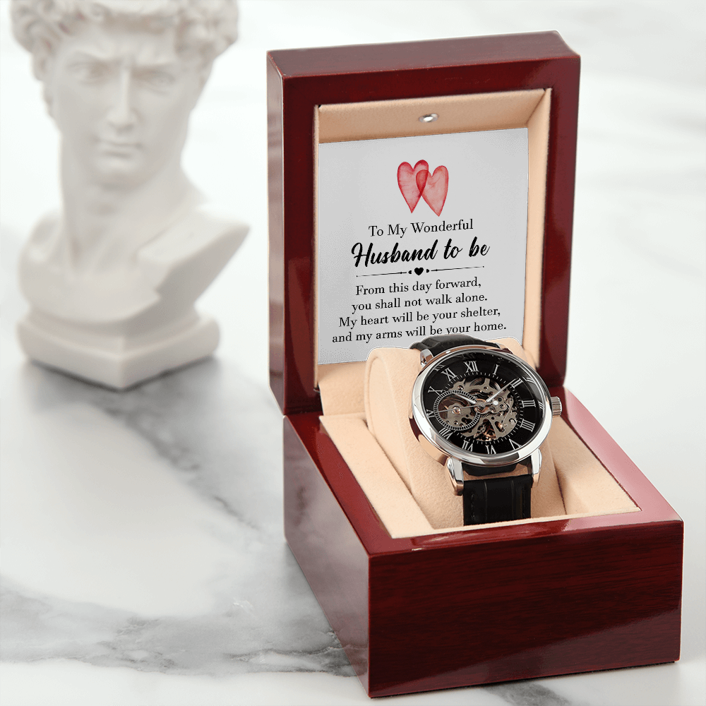 To My Wonderful Husband To Be Men's Openwork Watch With Message Card in Mahogany Box-Express Your Love Gifts