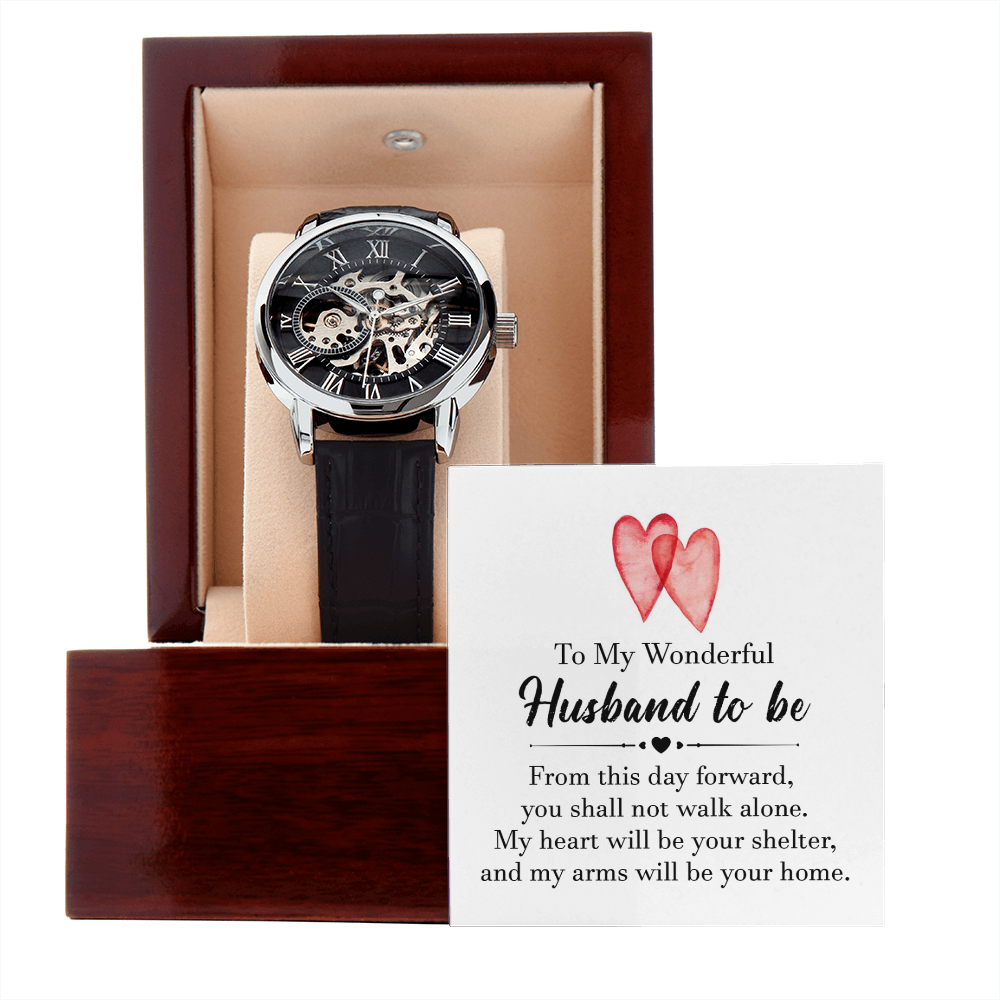 To My Wonderful Husband To Be Men's Openwork Watch With Message Card in Mahogany Box-Express Your Love Gifts