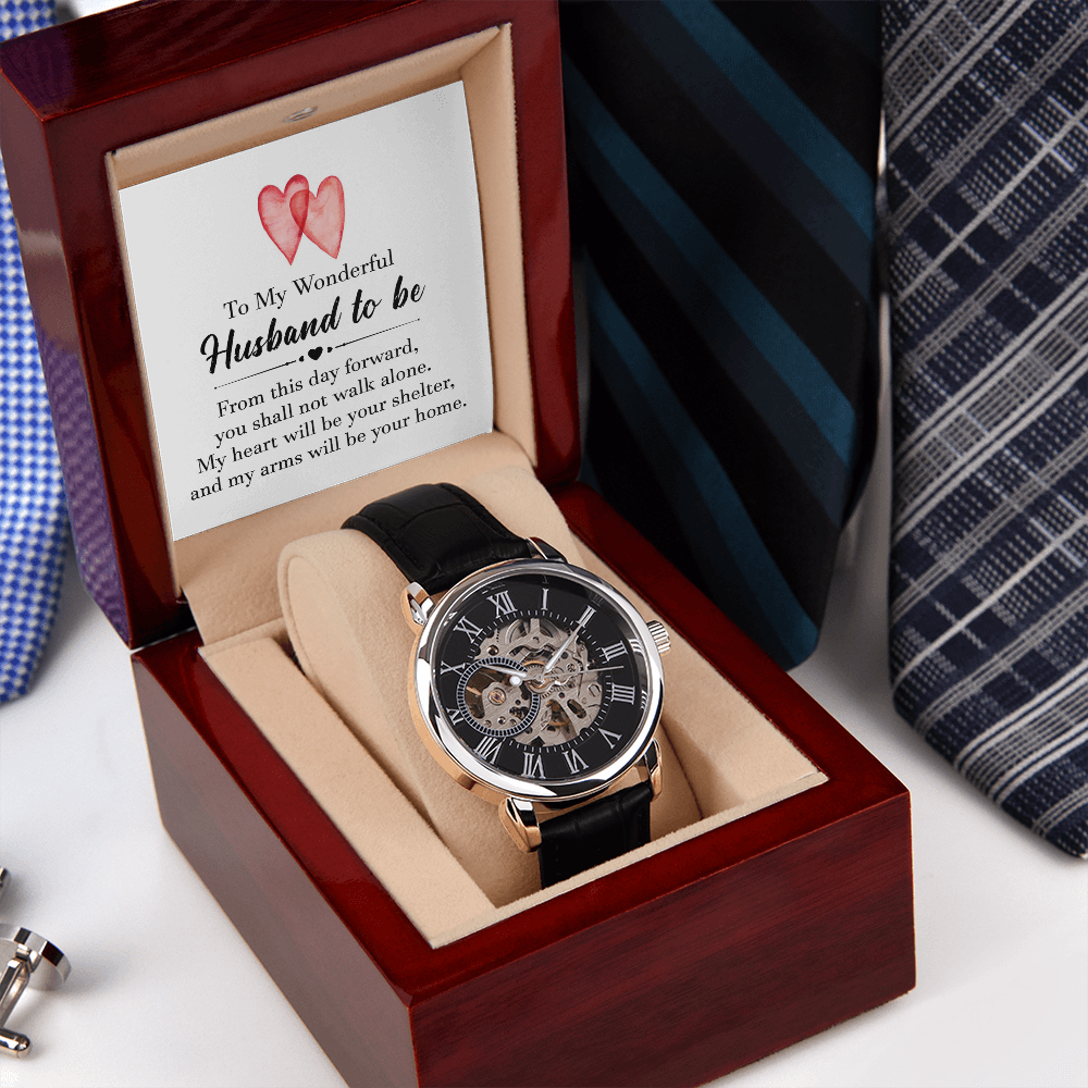 To My Wonderful Husband To Be Men's Openwork Watch With Message Card in Mahogany Box-Express Your Love Gifts
