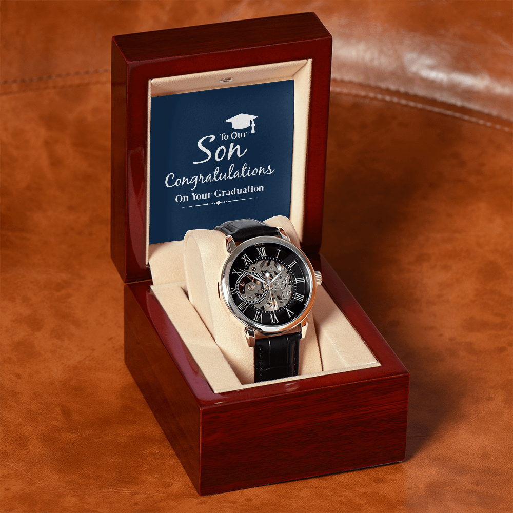 To Our Son Congratulations on Your Graduation Men's Openwork Watch With Mahogany Box-Express Your Love Gifts