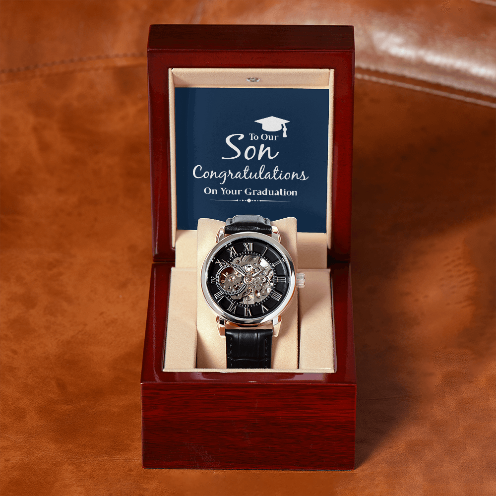 To Our Son Congratulations on Your Graduation Men's Openwork Watch With Mahogany Box-Express Your Love Gifts