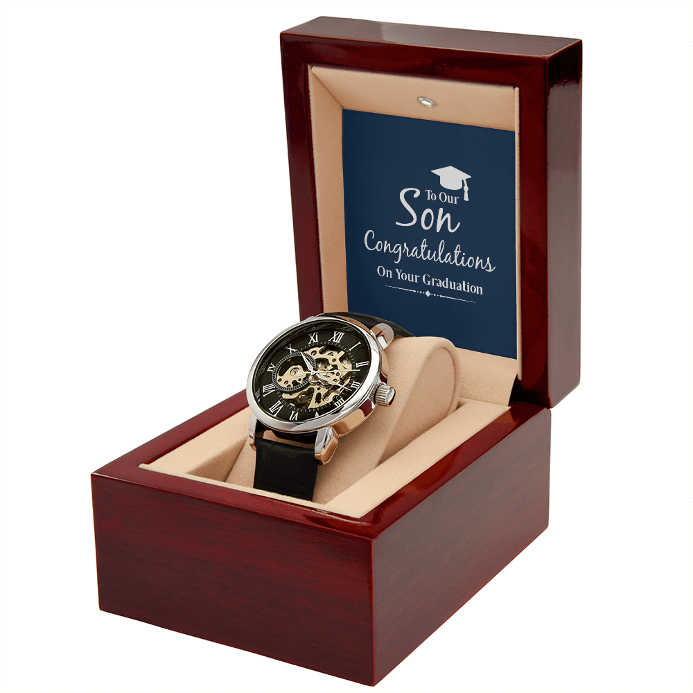 To Our Son Congratulations on Your Graduation Men's Openwork Watch With Mahogany Box-Express Your Love Gifts