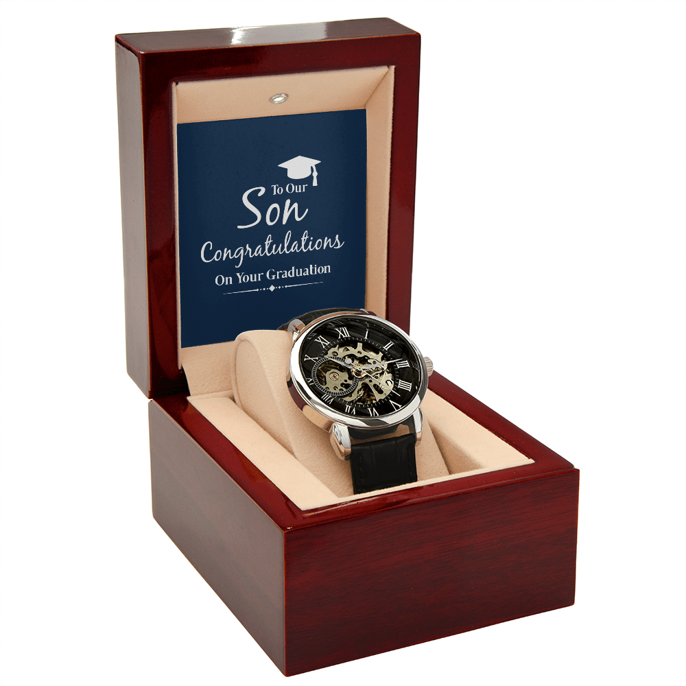 To Our Son Congratulations on Your Graduation Men's Openwork Watch With Mahogany Box-Express Your Love Gifts