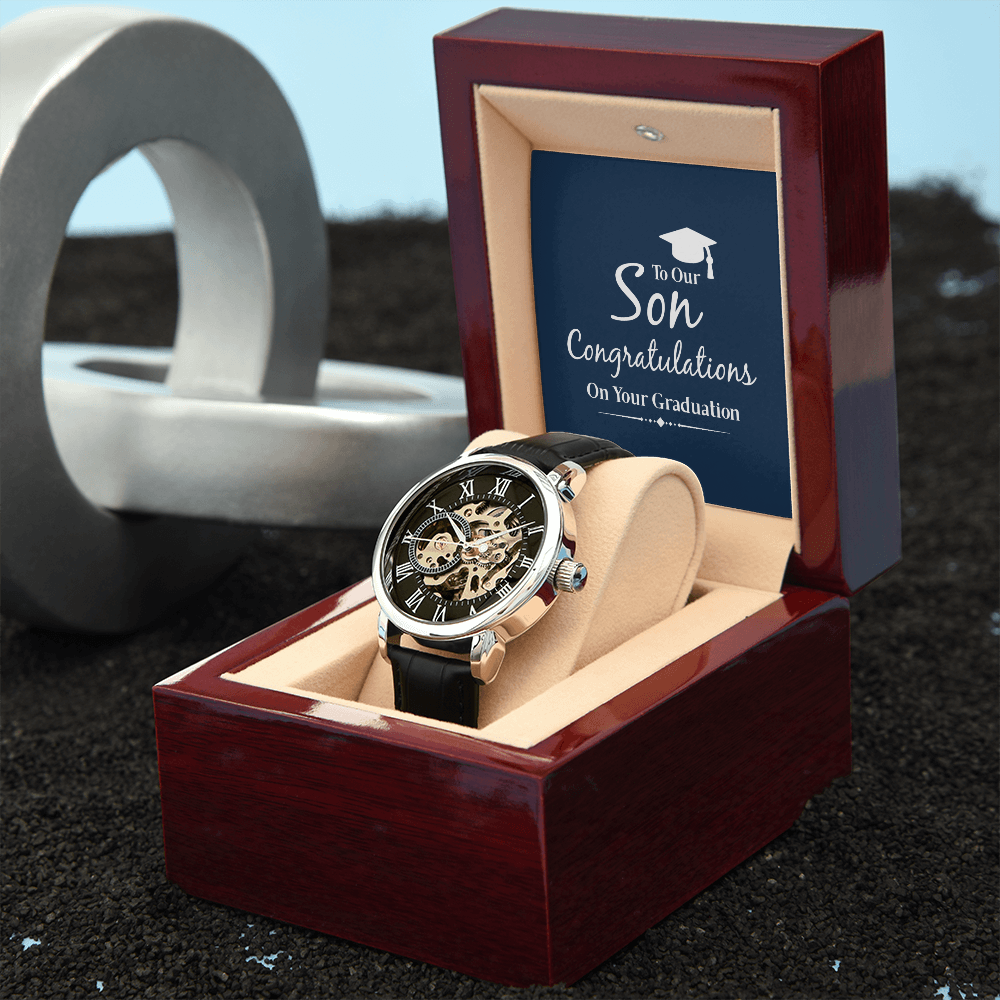 To Our Son Congratulations on Your Graduation Men's Openwork Watch With Mahogany Box-Express Your Love Gifts