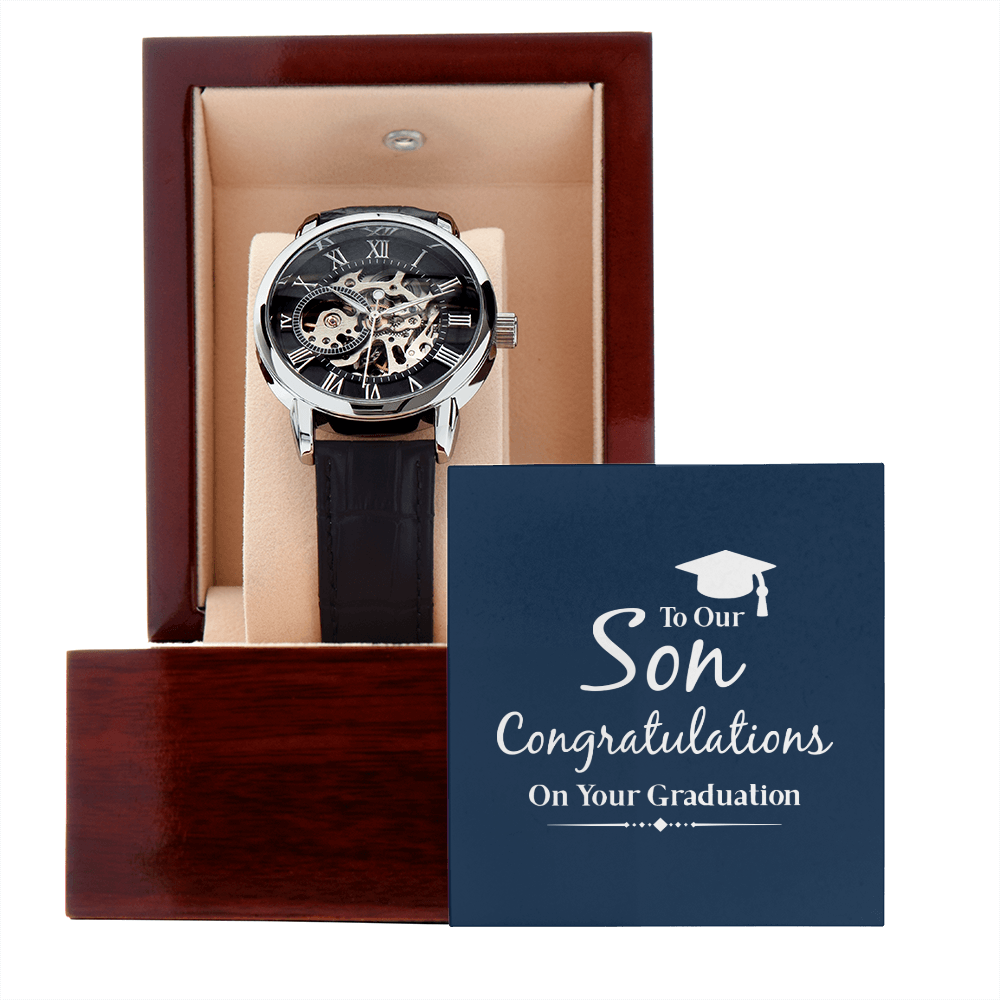 To Our Son Congratulations on Your Graduation Men's Openwork Watch With Mahogany Box-Express Your Love Gifts