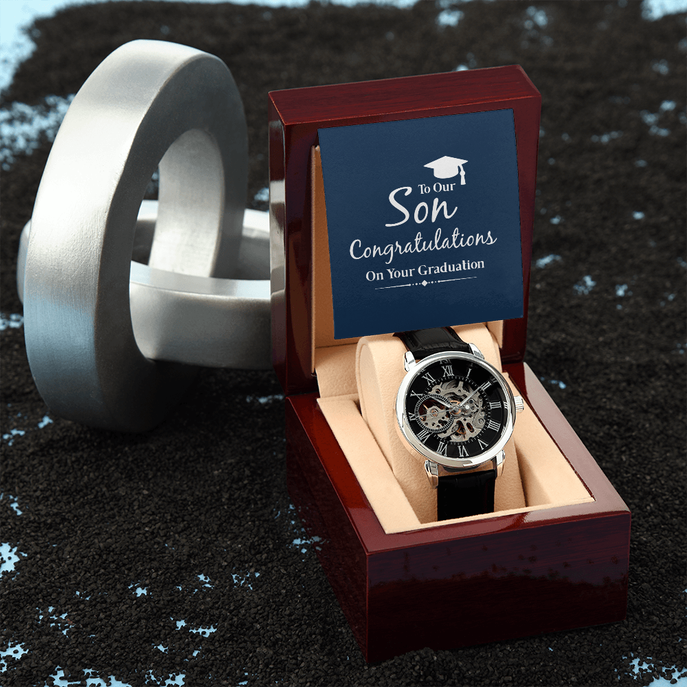 To Our Son Congratulations on Your Graduation Men's Openwork Watch With Mahogany Box-Express Your Love Gifts