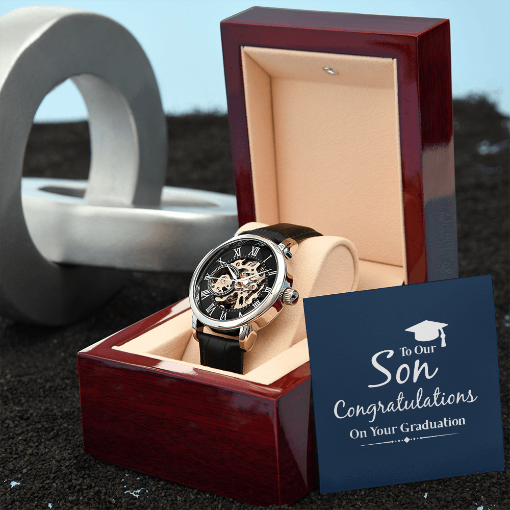 To Our Son Congratulations on Your Graduation Men's Openwork Watch With Mahogany Box-Express Your Love Gifts