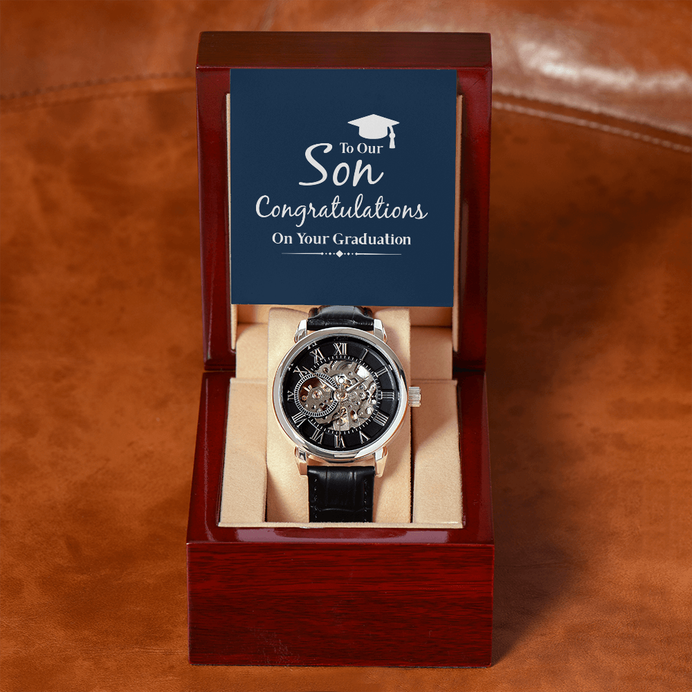 To Our Son Congratulations on Your Graduation Men's Openwork Watch With Mahogany Box-Express Your Love Gifts