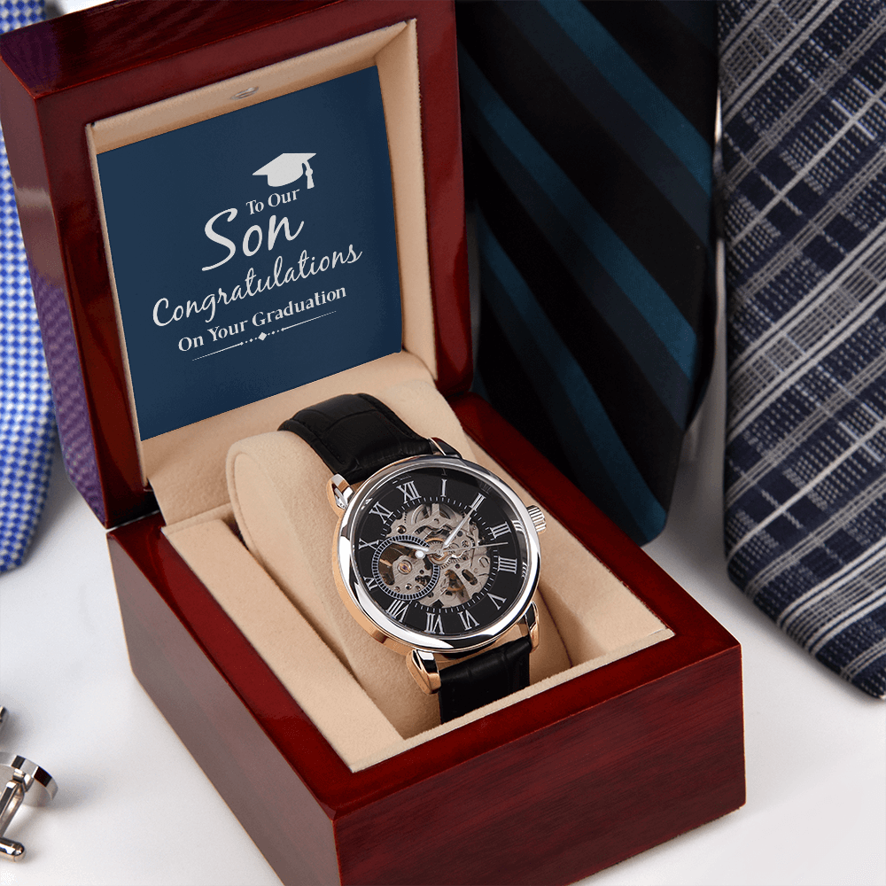 To Our Son Congratulations on Your Graduation Men's Openwork Watch With Mahogany Box-Express Your Love Gifts