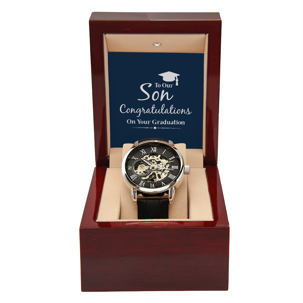 To Our Son Congratulations on Your Graduation Men's Openwork Watch With Mahogany Box-Express Your Love Gifts