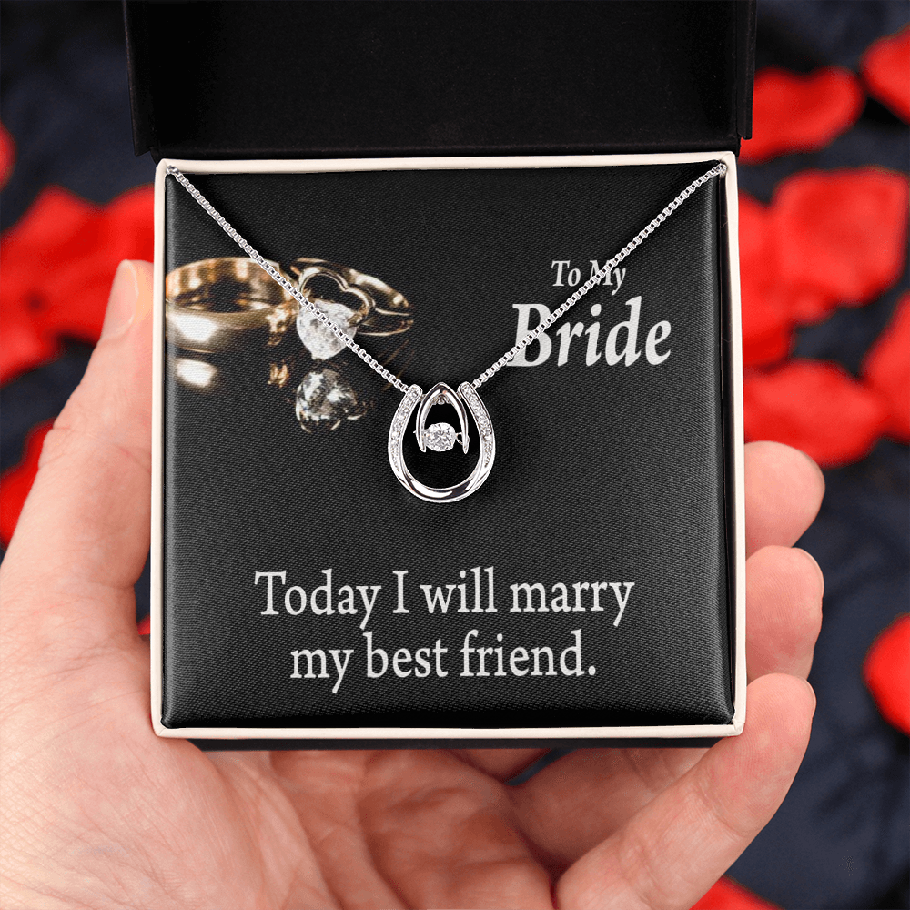 To The Bride Today I Will Marry My Best Lucky Horseshoe Necklace Message Card 14k w CZ Crystals-Express Your Love Gifts