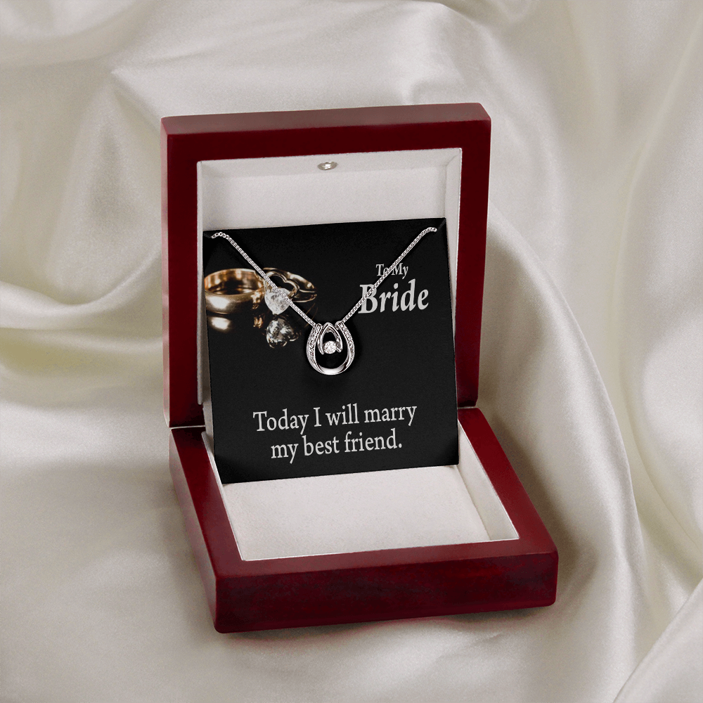To The Bride Today I Will Marry My Best Lucky Horseshoe Necklace Message Card 14k w CZ Crystals-Express Your Love Gifts