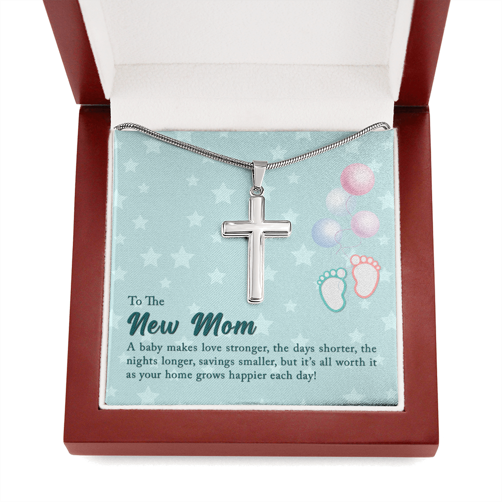 To The New Mom A Baby Makes Love Stronger Cross Card Necklace w Stainless Steel Pendant-Express Your Love Gifts