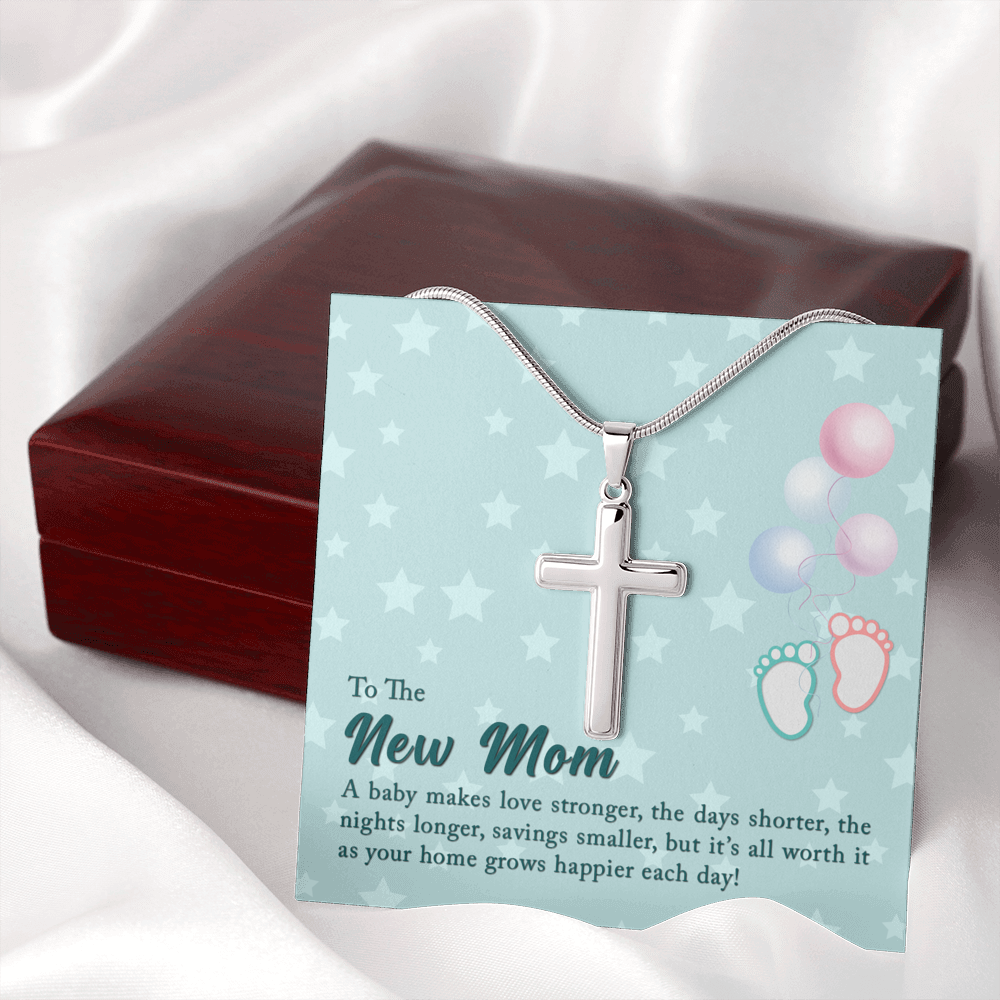 To The New Mom A Baby Makes Love Stronger Cross Card Necklace w Stainless Steel Pendant-Express Your Love Gifts