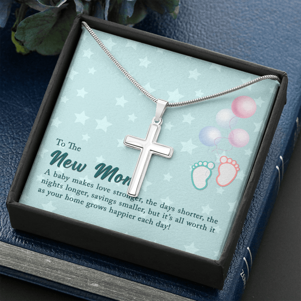 To The New Mom A Baby Makes Love Stronger Cross Card Necklace w Stainless Steel Pendant-Express Your Love Gifts