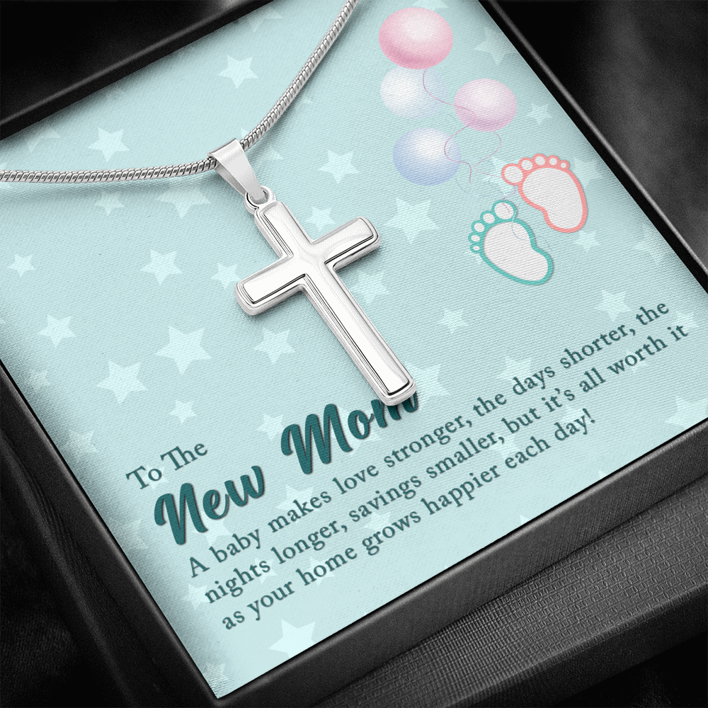 To The New Mom A Baby Makes Love Stronger Cross Card Necklace w Stainless Steel Pendant-Express Your Love Gifts