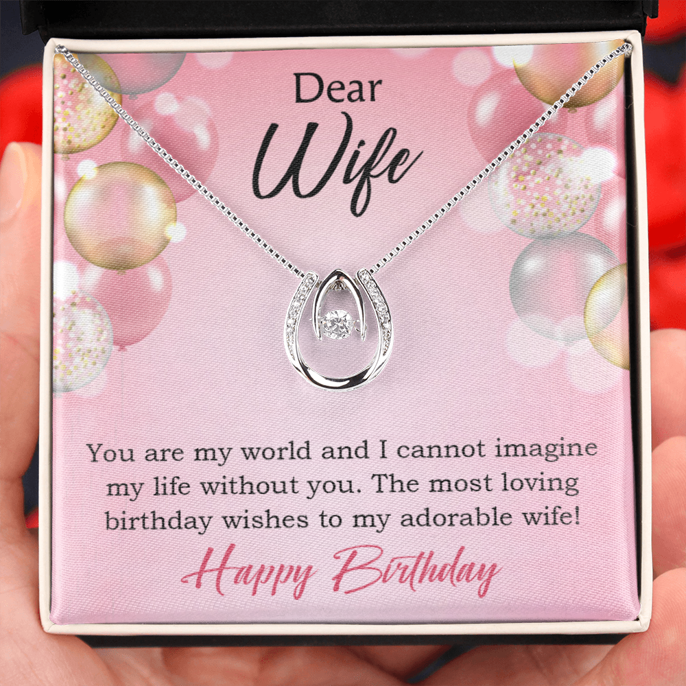 To Wife Birthday You're My World Lucky Horseshoe Necklace Message Card 14k w CZ Crystals-Express Your Love Gifts