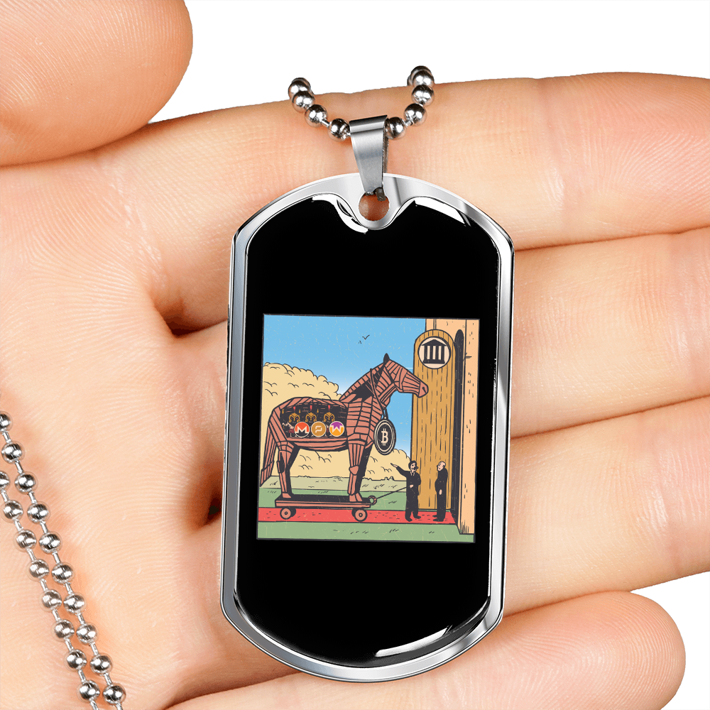 Trojan Horse Bitcoin Crypto Necklace Stainless Steel or 18k Gold Dog Tag 24" Chain-Express Your Love Gifts