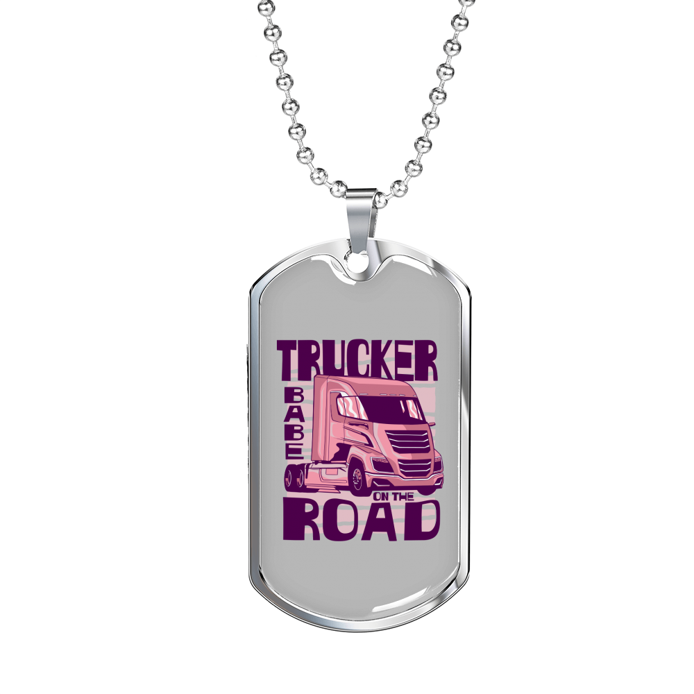 Trucker Babe On The Road Dog Tag Stainless Steel or 18k Gold 24" Chain-Express Your Love Gifts