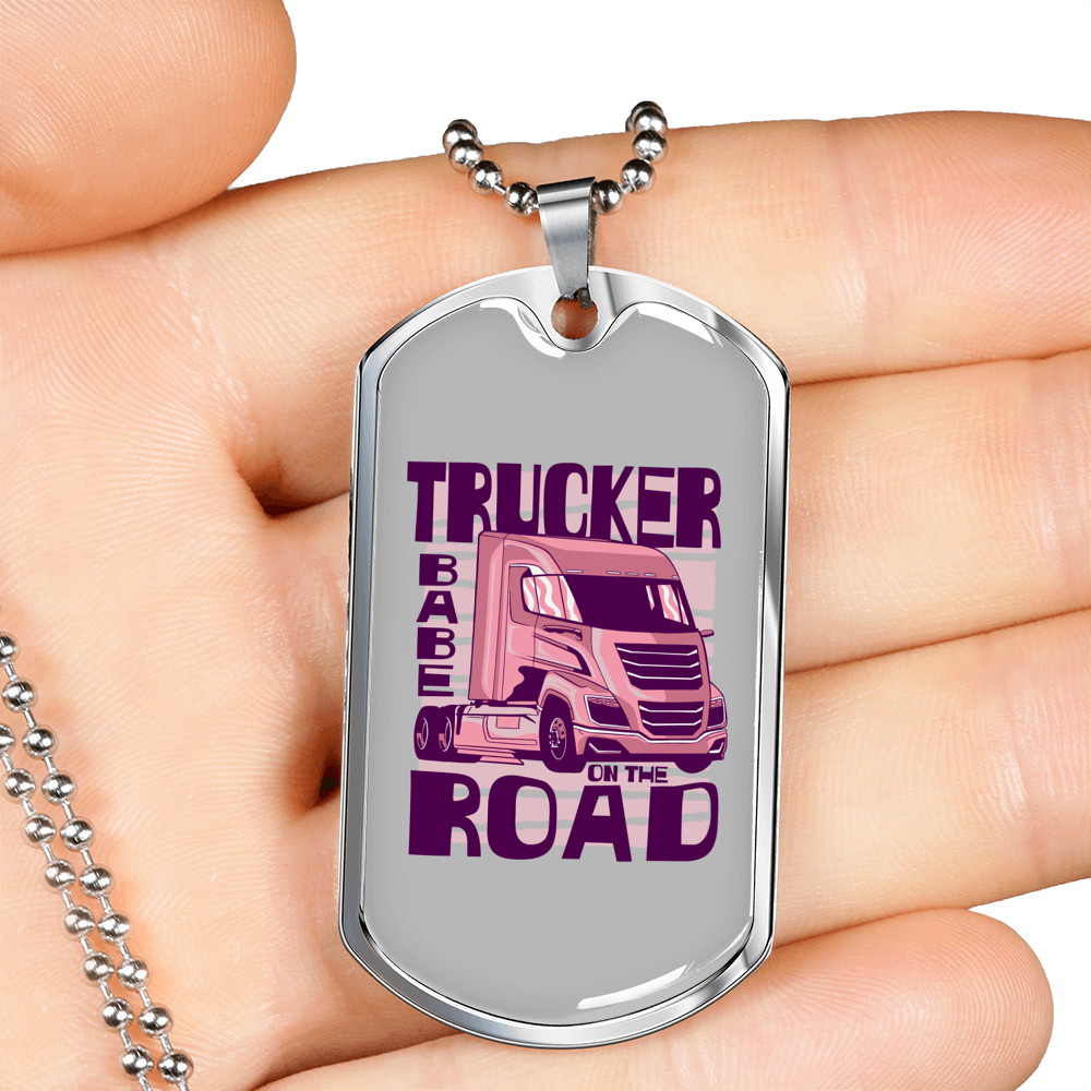 Trucker Babe On The Road Dog Tag Stainless Steel or 18k Gold 24" Chain-Express Your Love Gifts