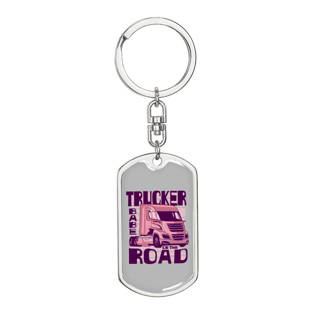 Trucker Babe On The Road Swivel Keychain Dog Tag Stainless Steel or 18k Gold-Express Your Love Gifts