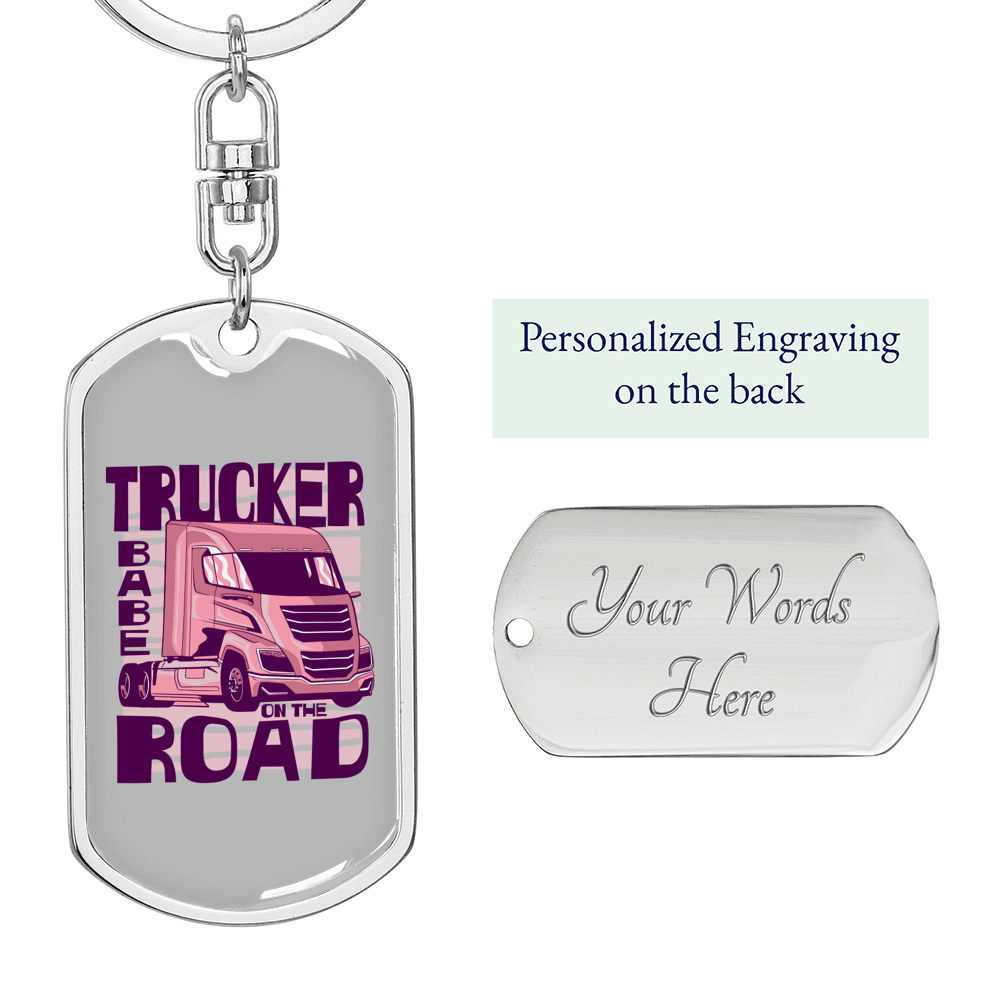 Trucker Babe On The Road Swivel Keychain Dog Tag Stainless Steel or 18k Gold-Express Your Love Gifts