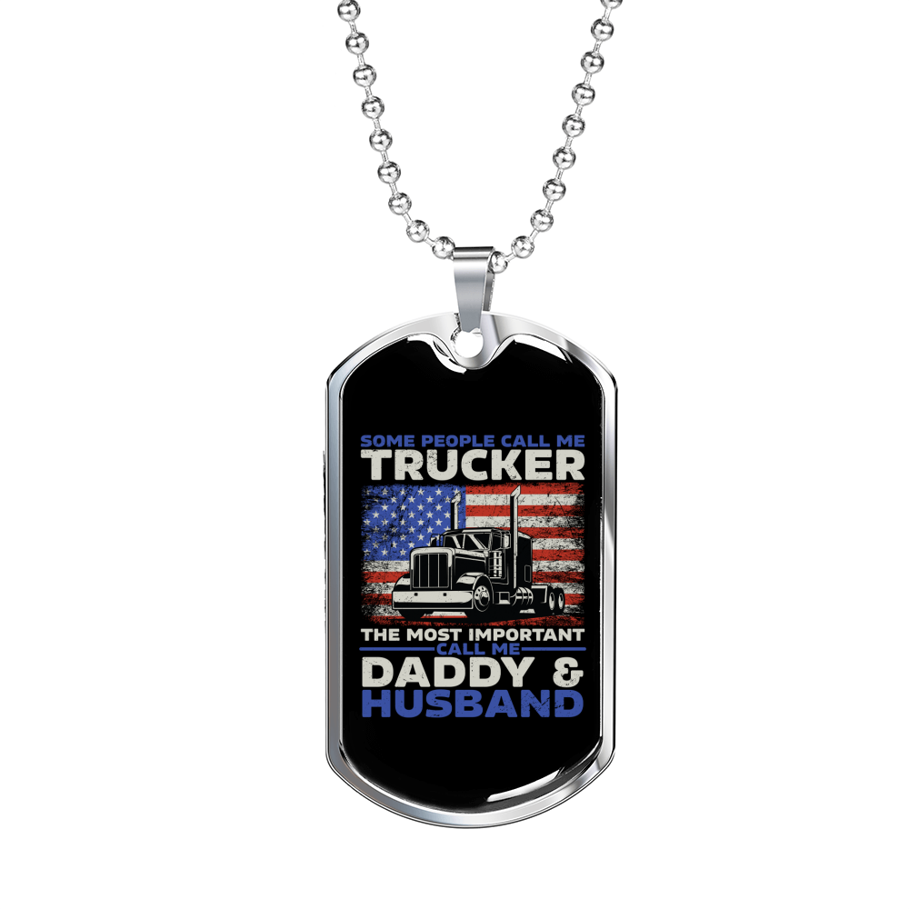 Trucker Dad Husband Dog Tag Stainless Steel or 18k Gold 24" Chain-Express Your Love Gifts