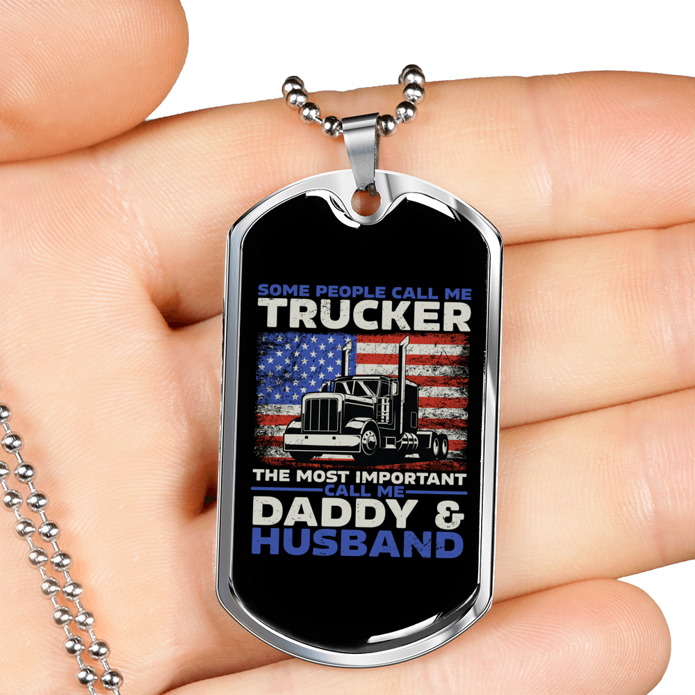 Trucker Daddy & Husband Dog Tag Stainless Steel or 18k Gold 24" Chain-Express Your Love Gifts